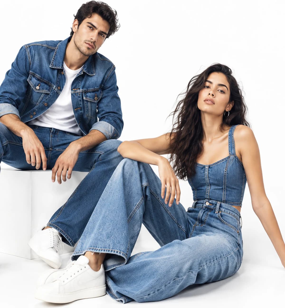 Models wearing coordinated denim jackets, tops, and jeans