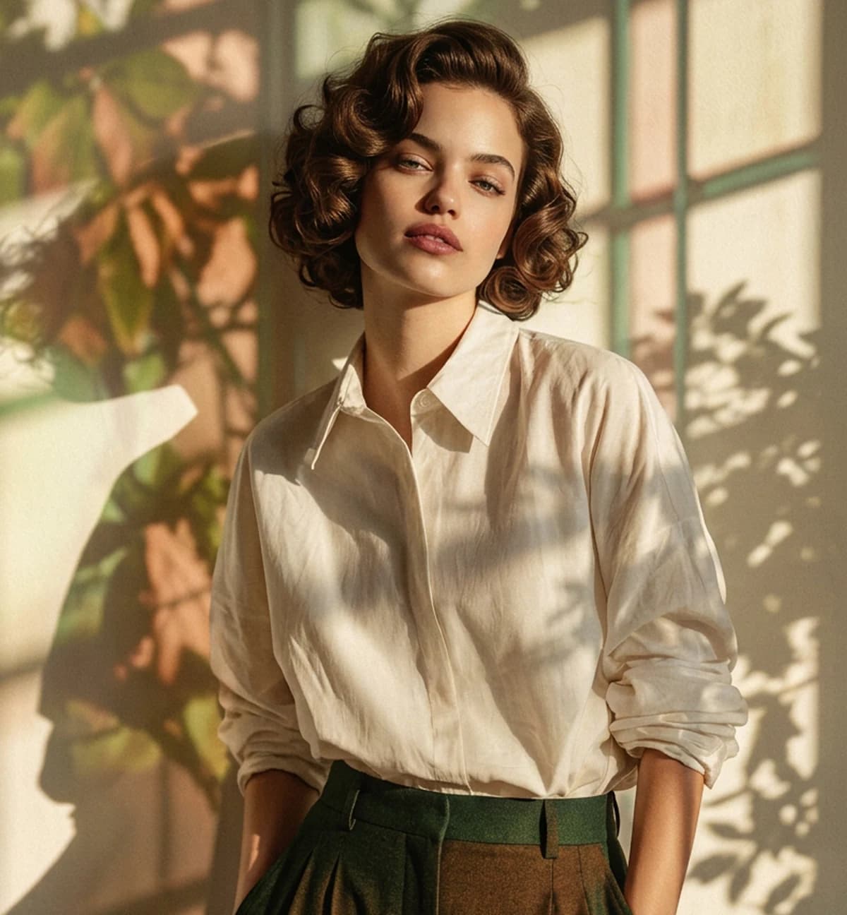 Model wearing a lightweight woven cream shirt