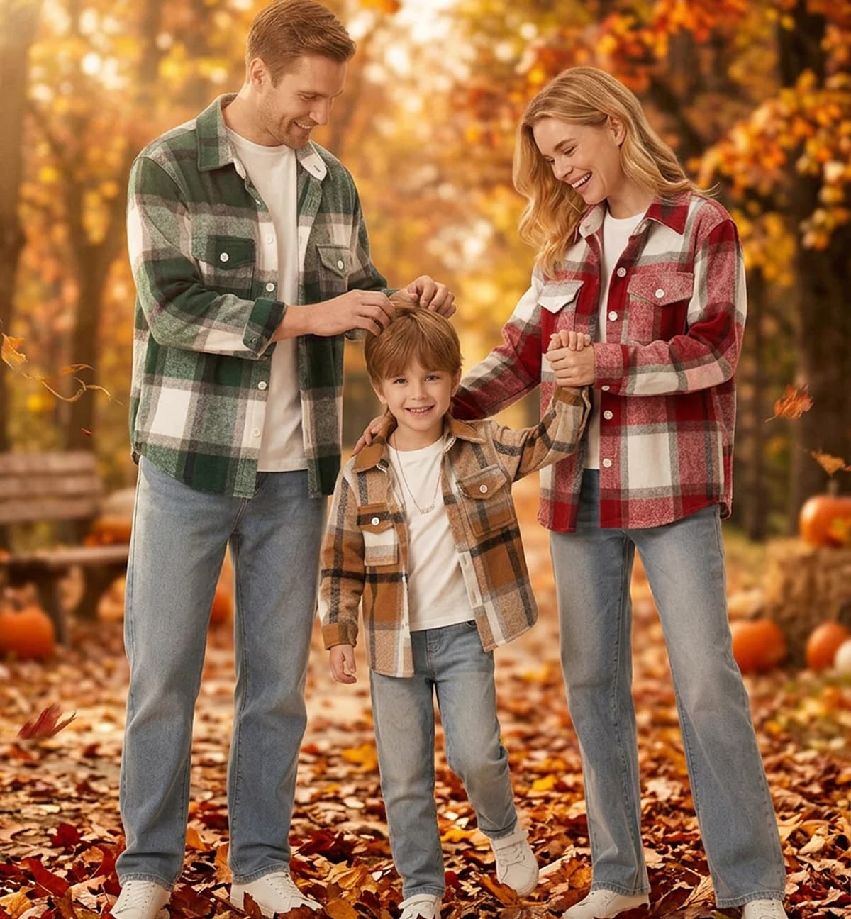 Family wearing layered plaid casual shirts in an autumn setting