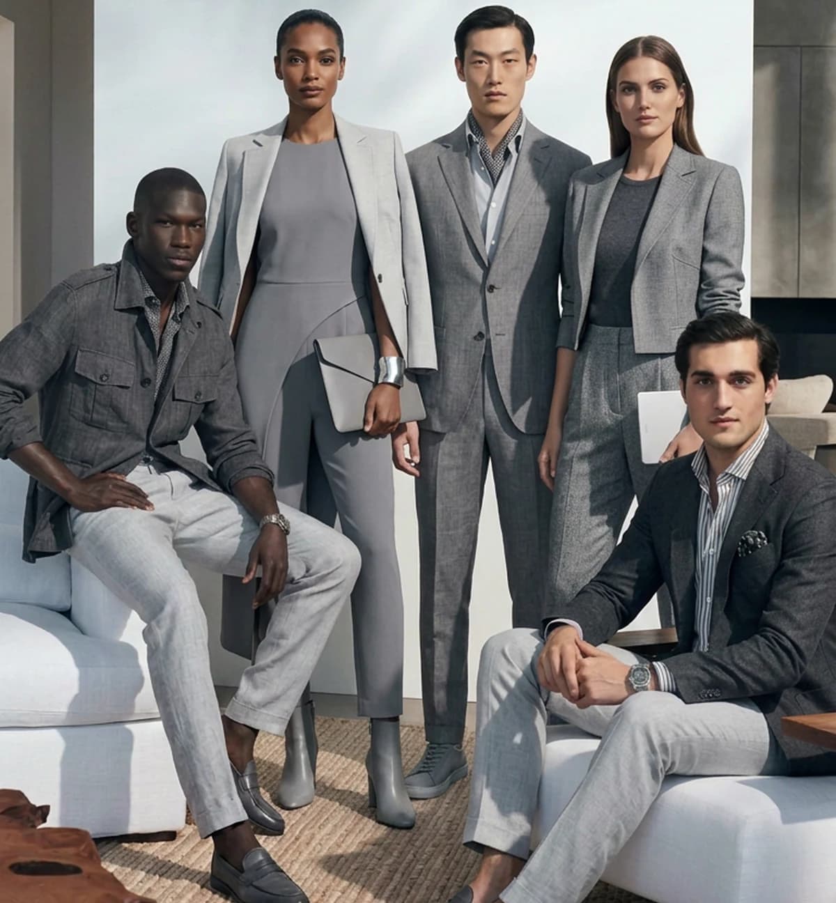 Models wearing tailored trousers and coordinated formal apparel