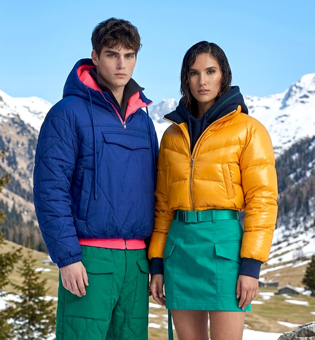 Models wearing padded technical outerwear in an alpine setting