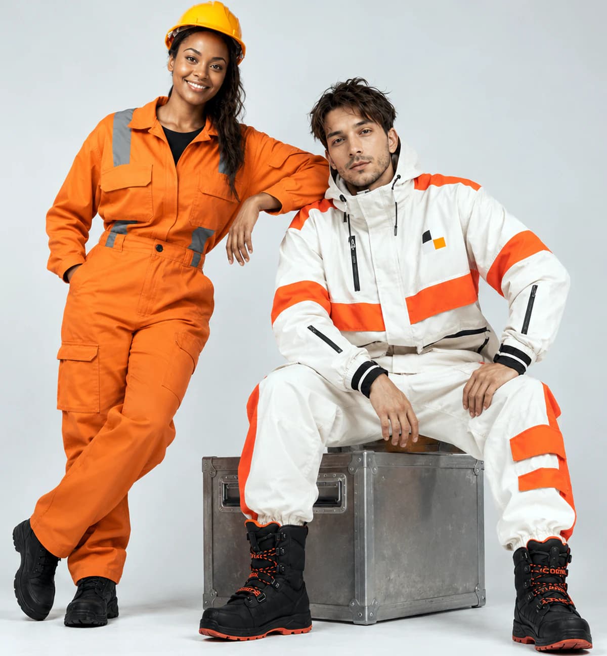 Models wearing orange and white reflective workwear