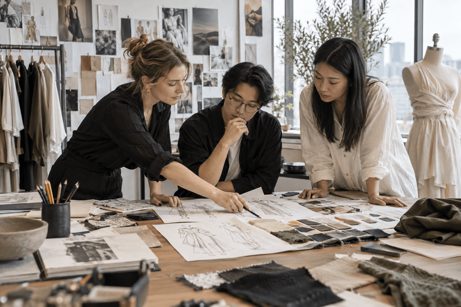 Apparel designers reviewing garment concepts and materials in a studio