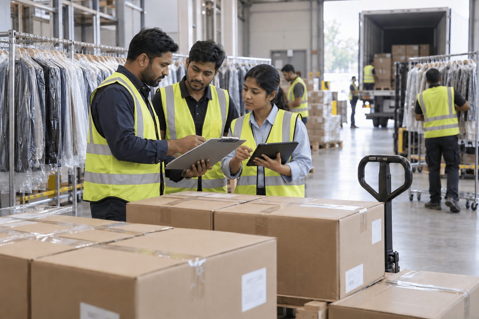 Logistics team coordinating packed garments for final delivery