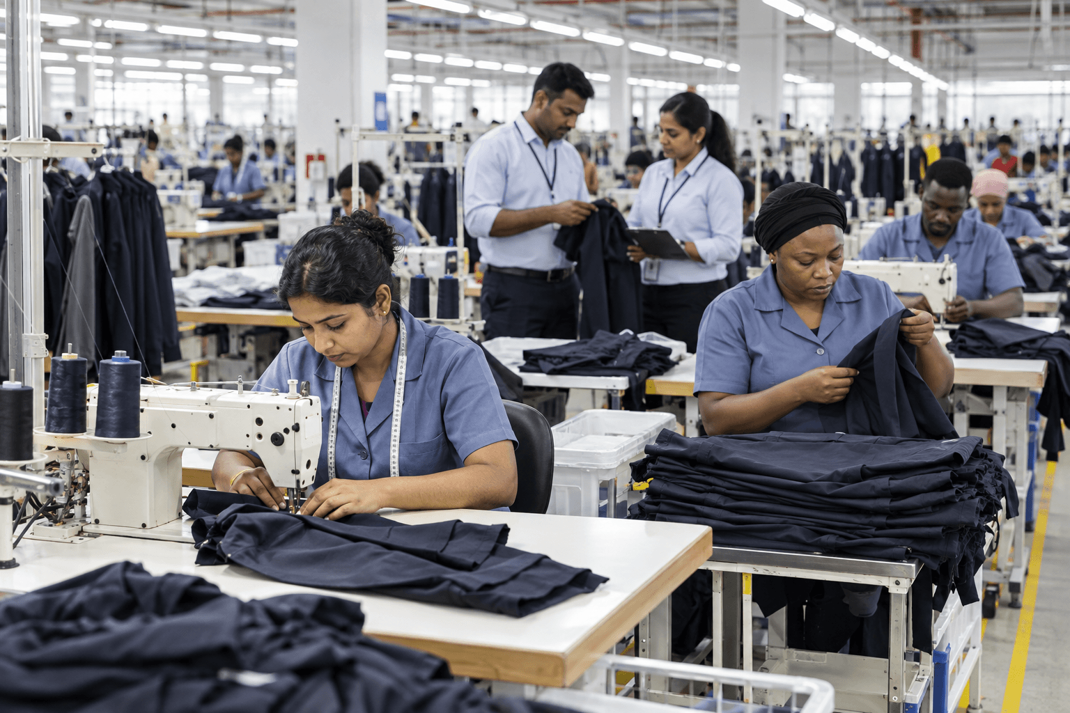 Garment production team working on an apparel manufacturing floor