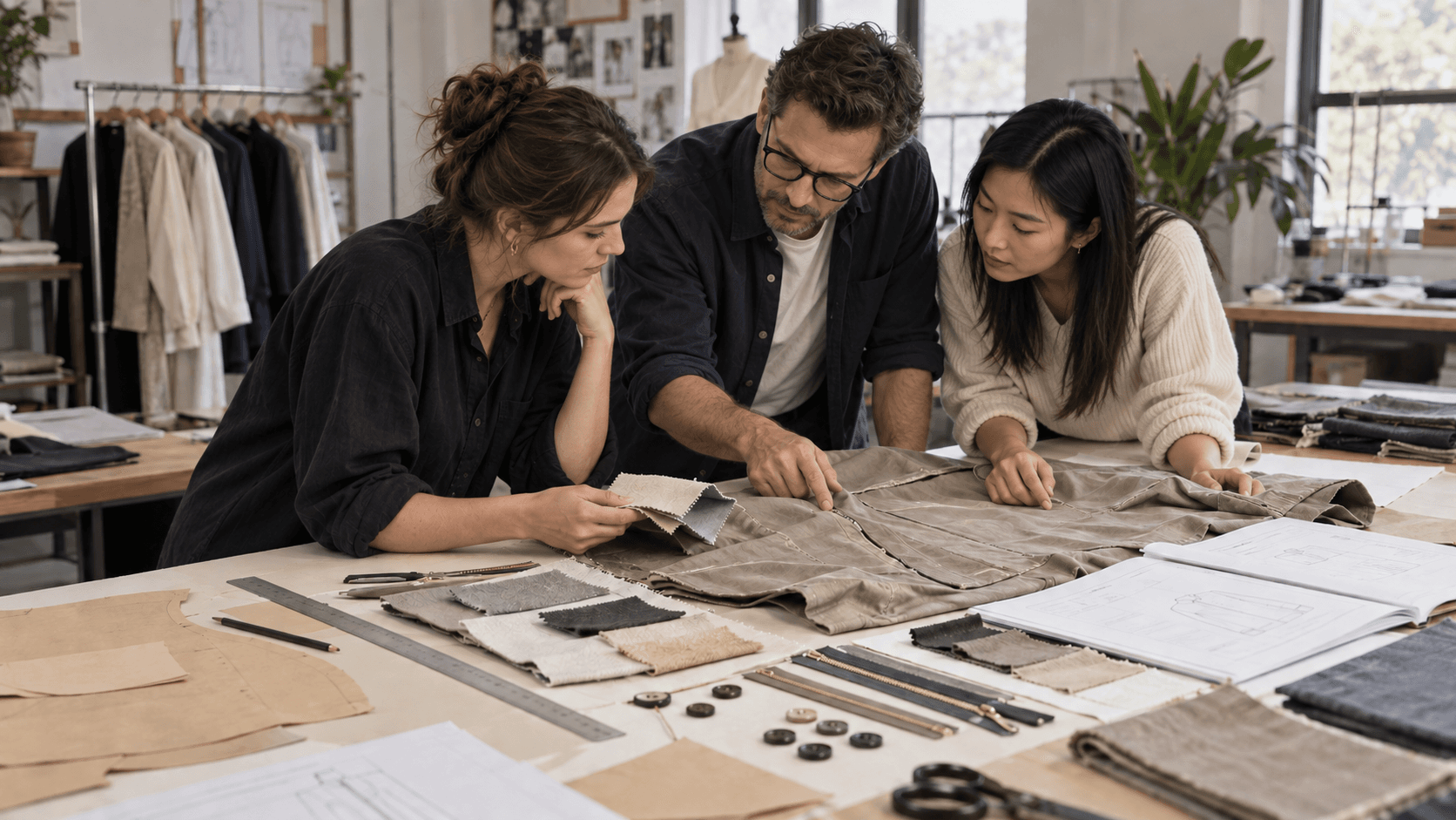 Product development team reviewing a garment sample and material swatches