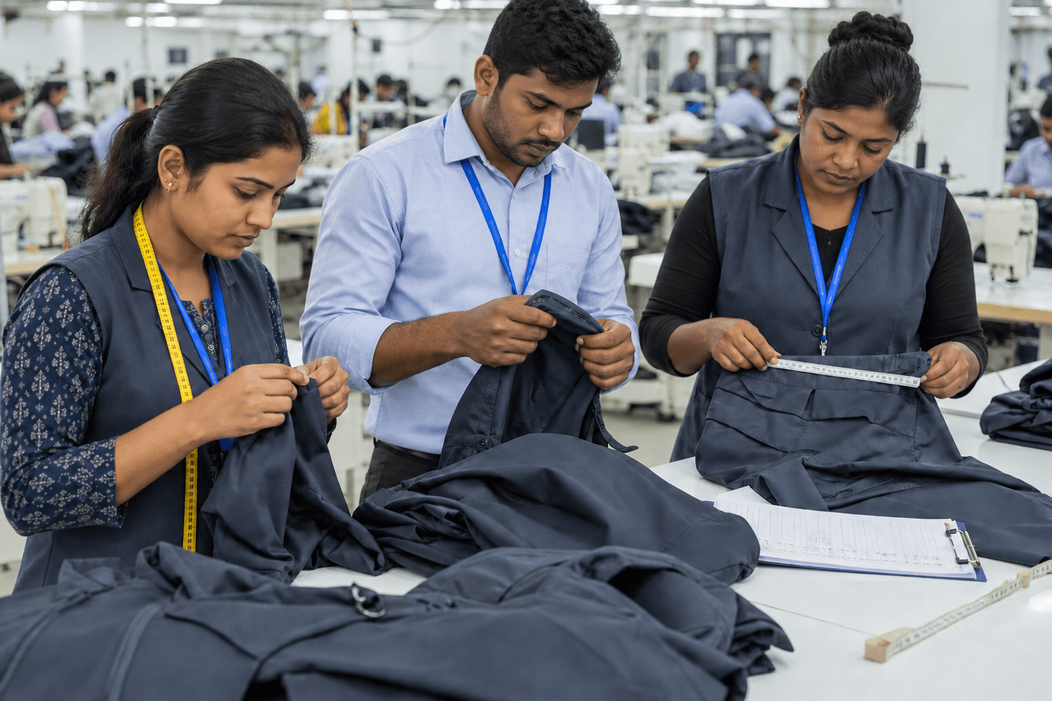Quality assurance specialist inspecting garments during production