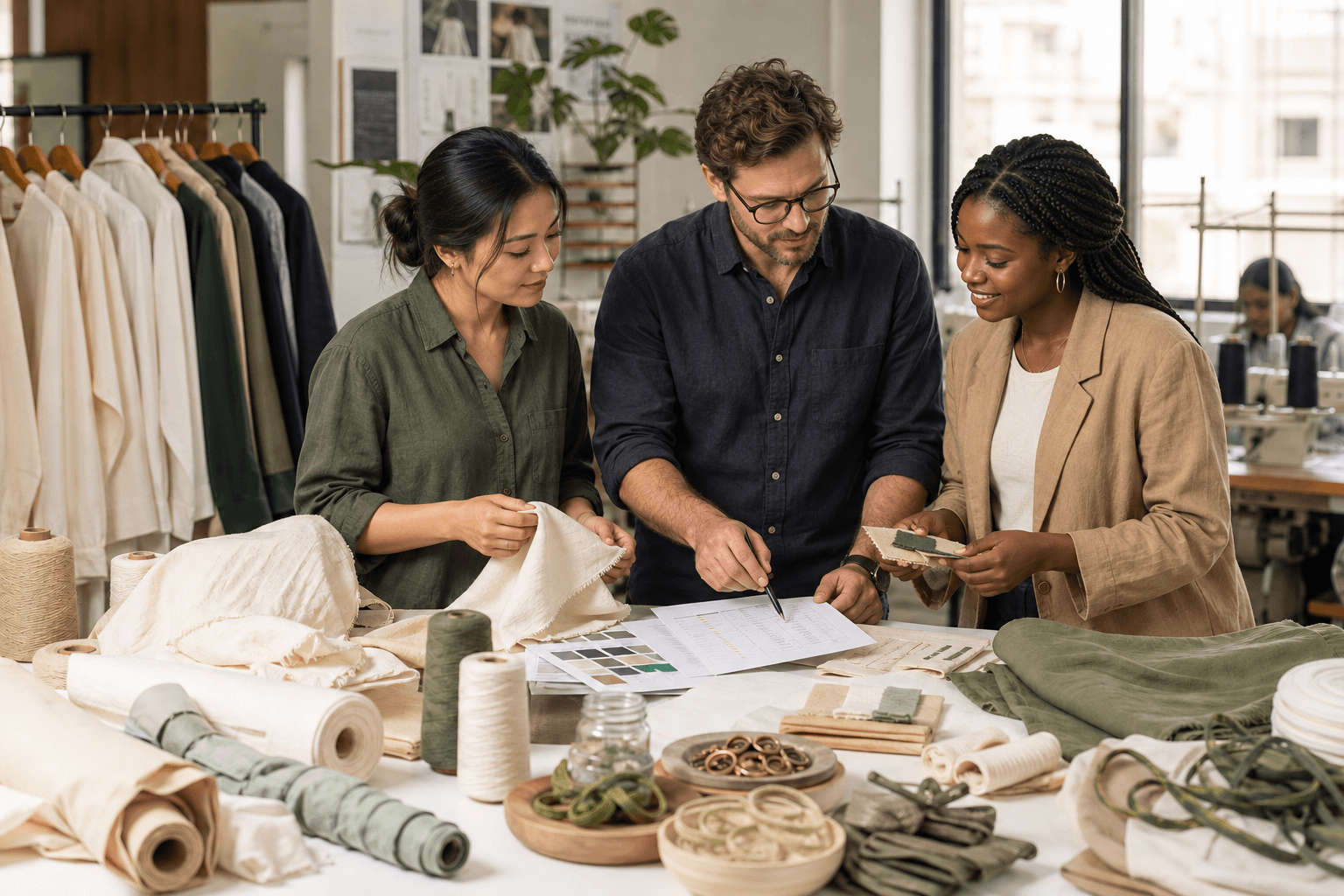 Apparel sourcing team reviewing fabrics and production information